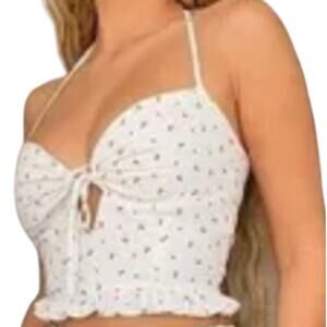 Tiger Mist Cutout Cherry Tank Top Ruffle Trim Zipper Strappy White Red XS
